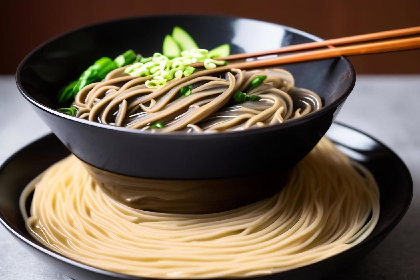 Delicious noodles. Fast food meal with appetizing pasta and chopsticks. photo