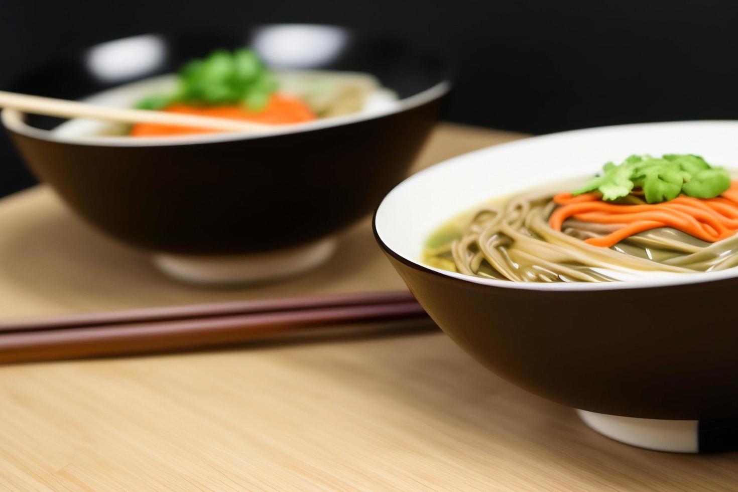 Delicious noodles. Fast food meal with appetizing pasta and chopsticks. photo