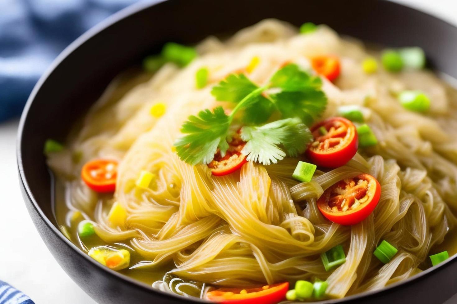 Delicious noodles. Fast food meal with appetizing pasta and chopsticks. photo