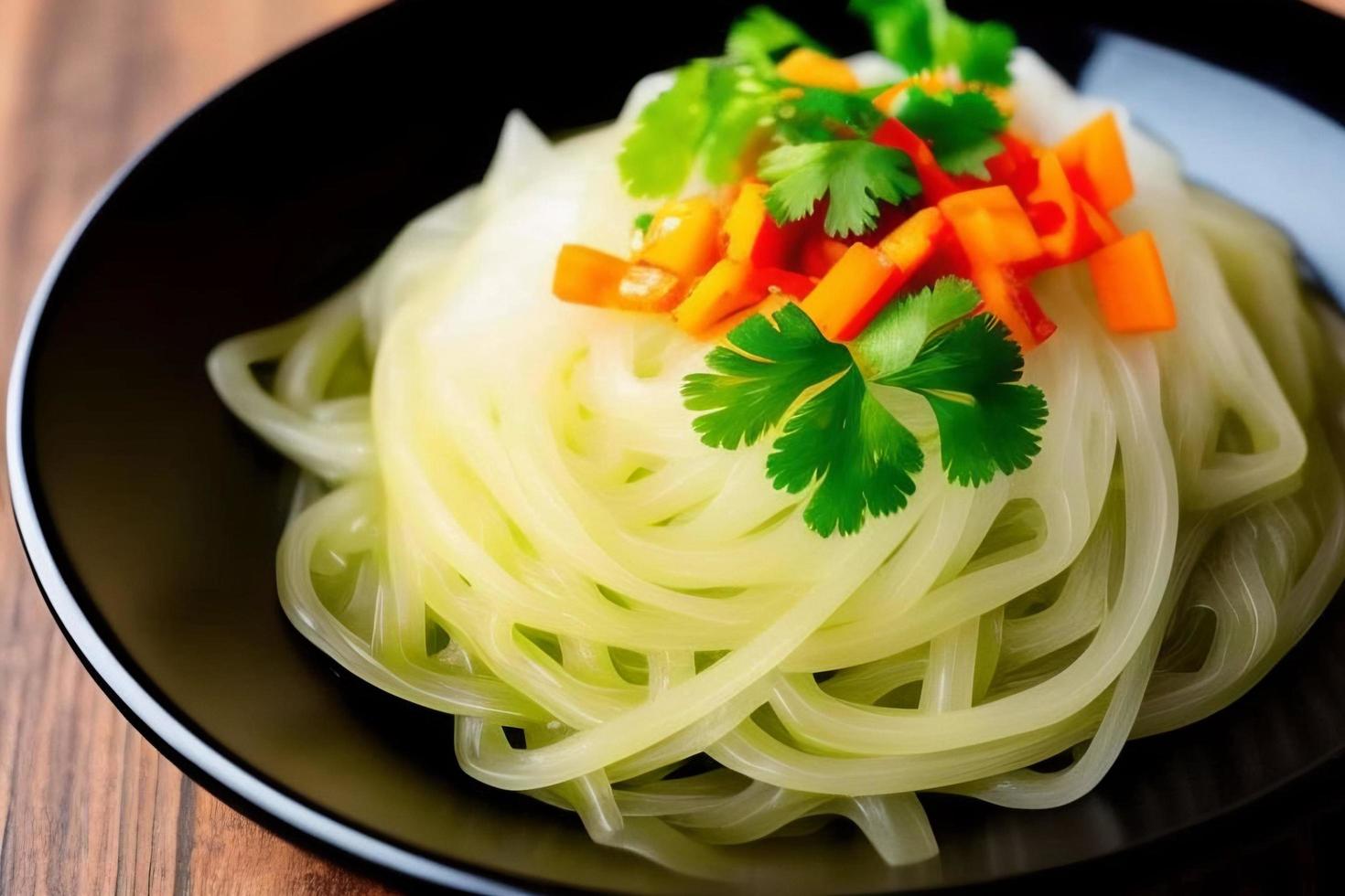 Delicious noodles. Fast food meal with appetizing pasta and chopsticks. photo