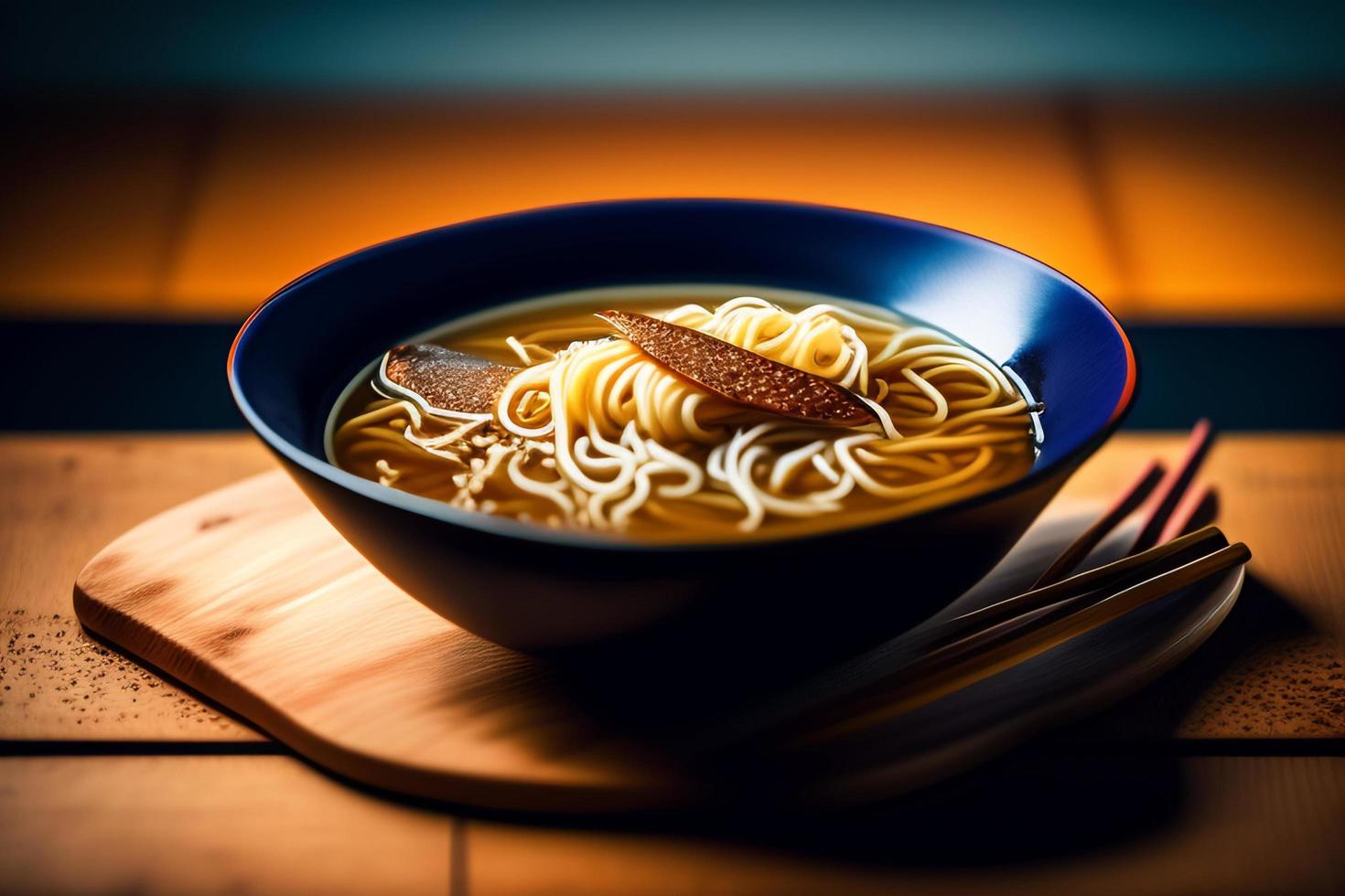 Delicious noodles. Fast food meal with appetizing pasta and chopsticks. photo