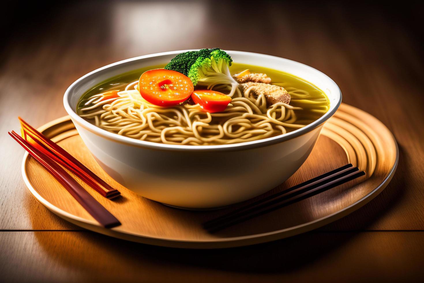 Delicious noodles. Fast food meal with appetizing pasta and chopsticks. photo