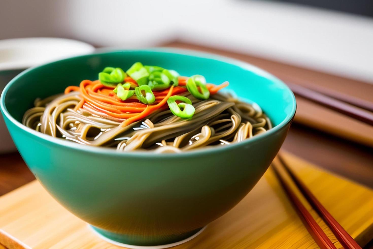 Delicious noodles. Fast food meal with appetizing pasta and chopsticks. photo