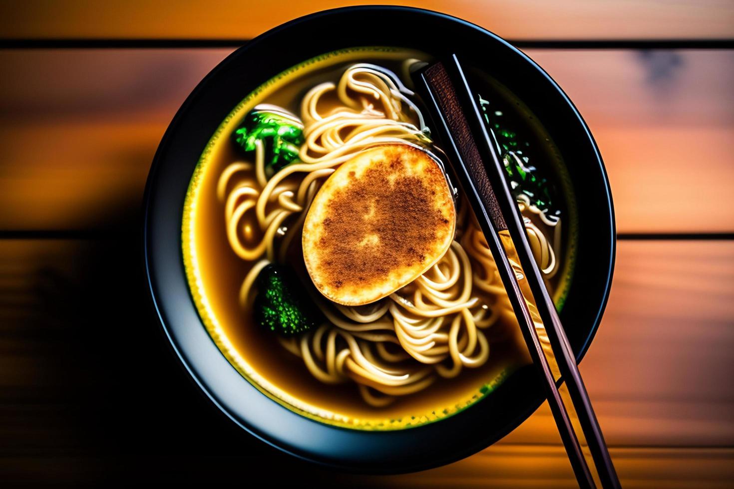 Delicious noodles. Fast food meal with appetizing pasta and chopsticks. photo