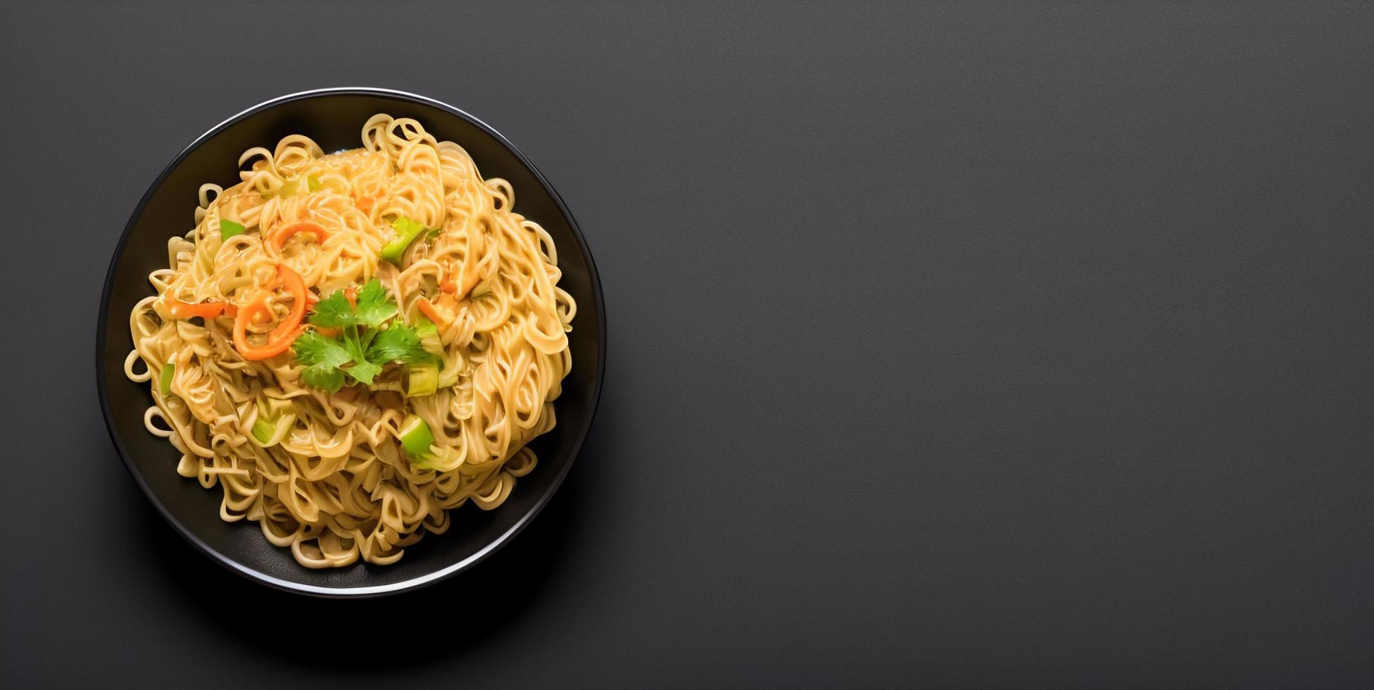 Delicious noodles. Fast food meal with appetizing pasta and chopsticks. photo