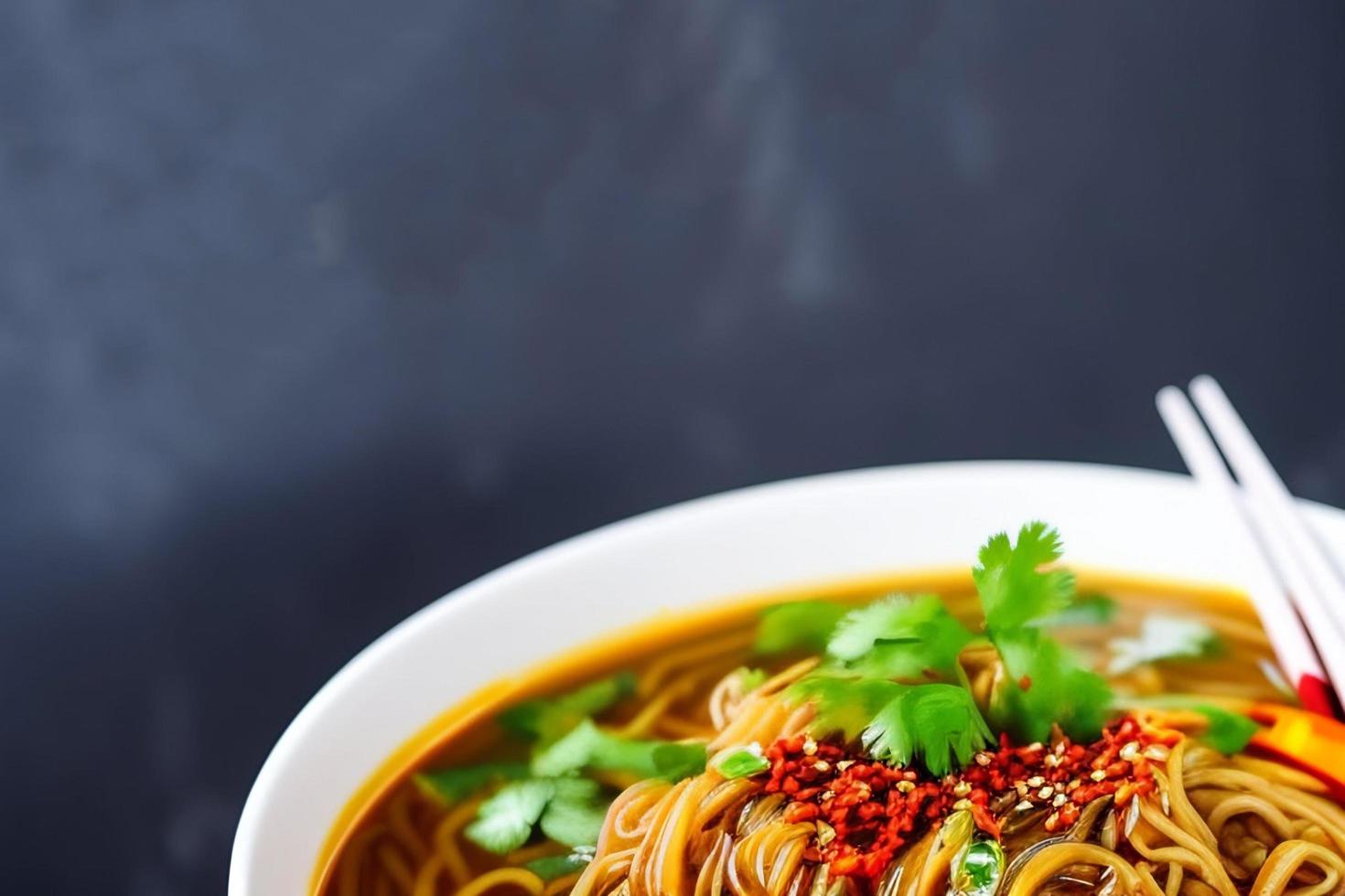 Delicious noodles. Fast food meal with appetizing pasta and chopsticks. photo