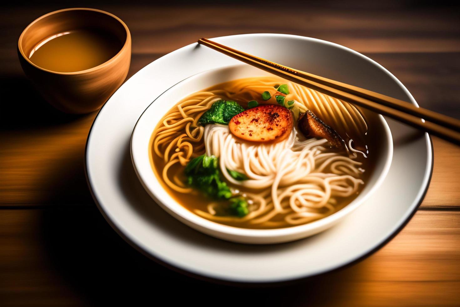 Delicious noodles. Fast food meal with appetizing pasta and chopsticks. photo