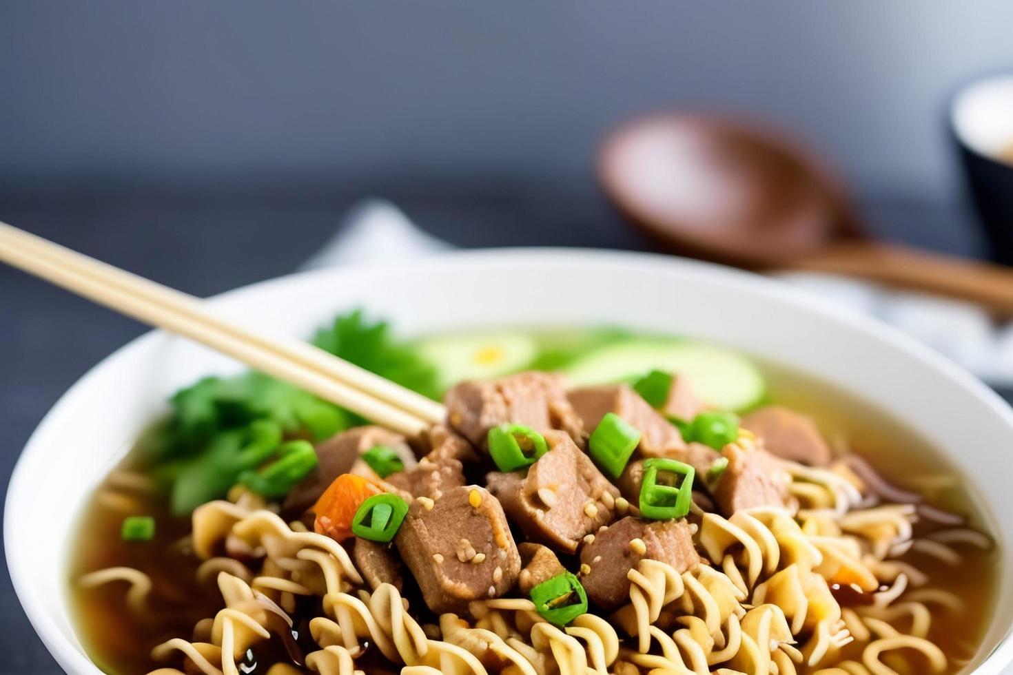 Delicious noodles. Fast food meal with appetizing pasta and chopsticks. photo