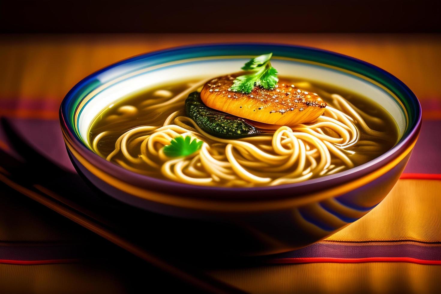 Delicious noodles. Fast food meal with appetizing pasta and chopsticks. photo