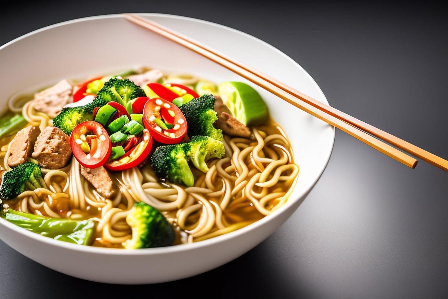 Delicious noodles. Fast food meal with appetizing pasta and chopsticks. photo