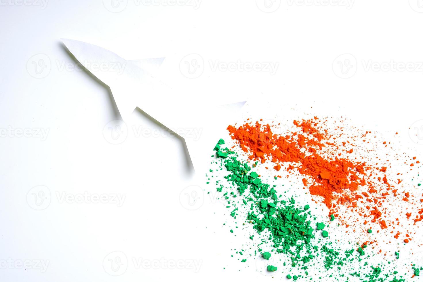 Concept for Indian Independence day and republic day, view of flying missile with tricolor on white background photo