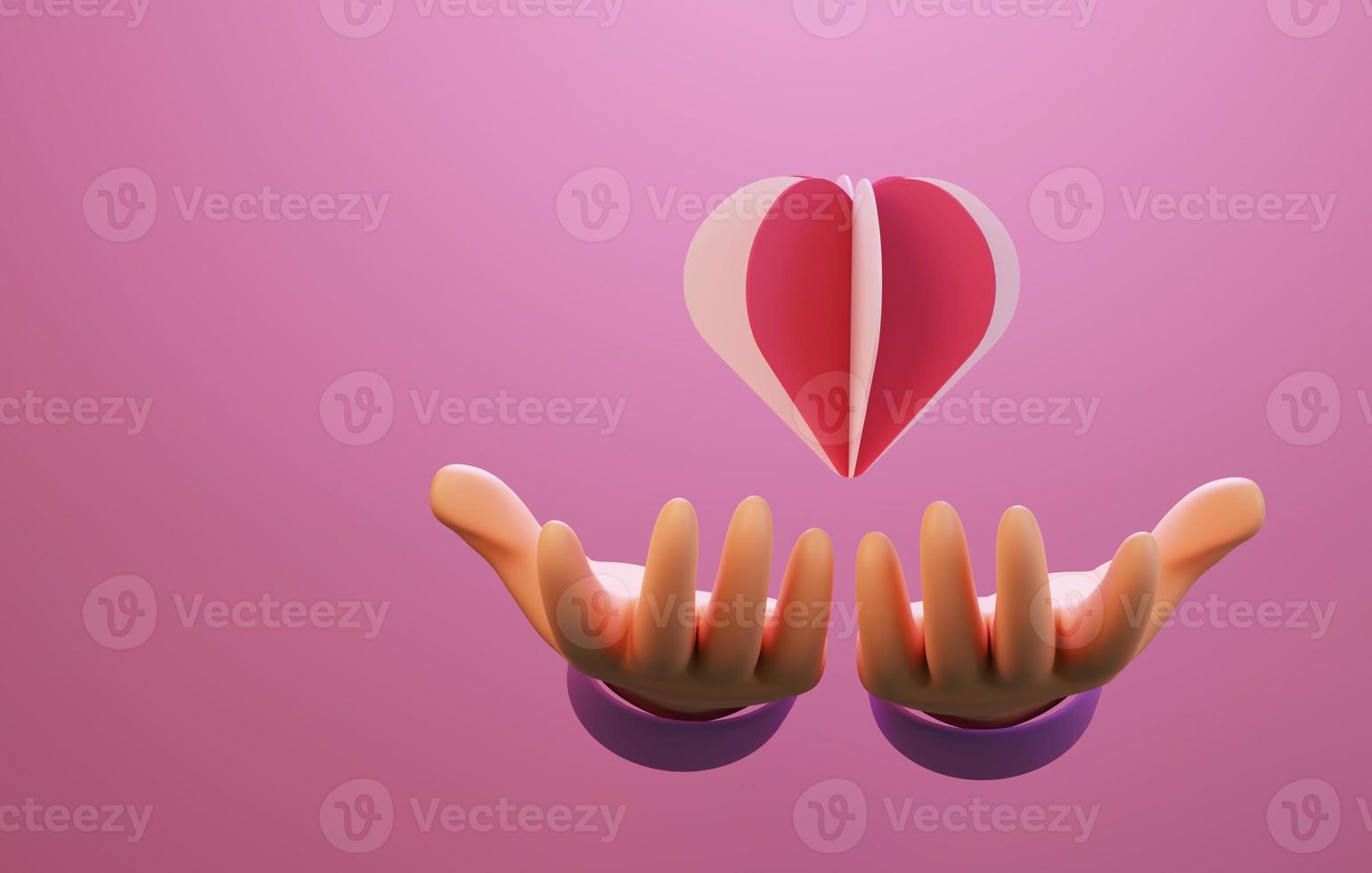 Hand holding heart on pink background. 3d illustration, 3d rendering photo