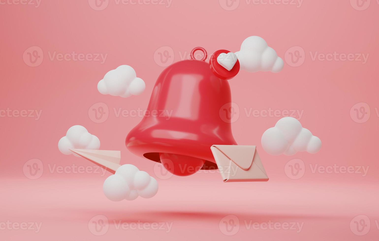 Envelope icon with unread message love and notification bell icon with paper plane on pink background. 3d illustration, 3d rendering photo