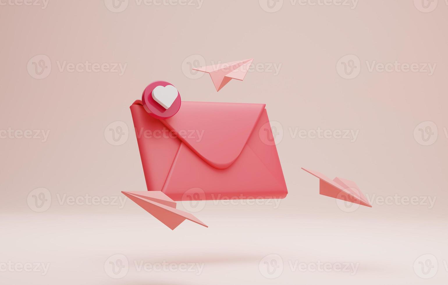 Envelope icon with unread message love and notification with paper plane on pink background. 3d illustration, 3d rendering photo