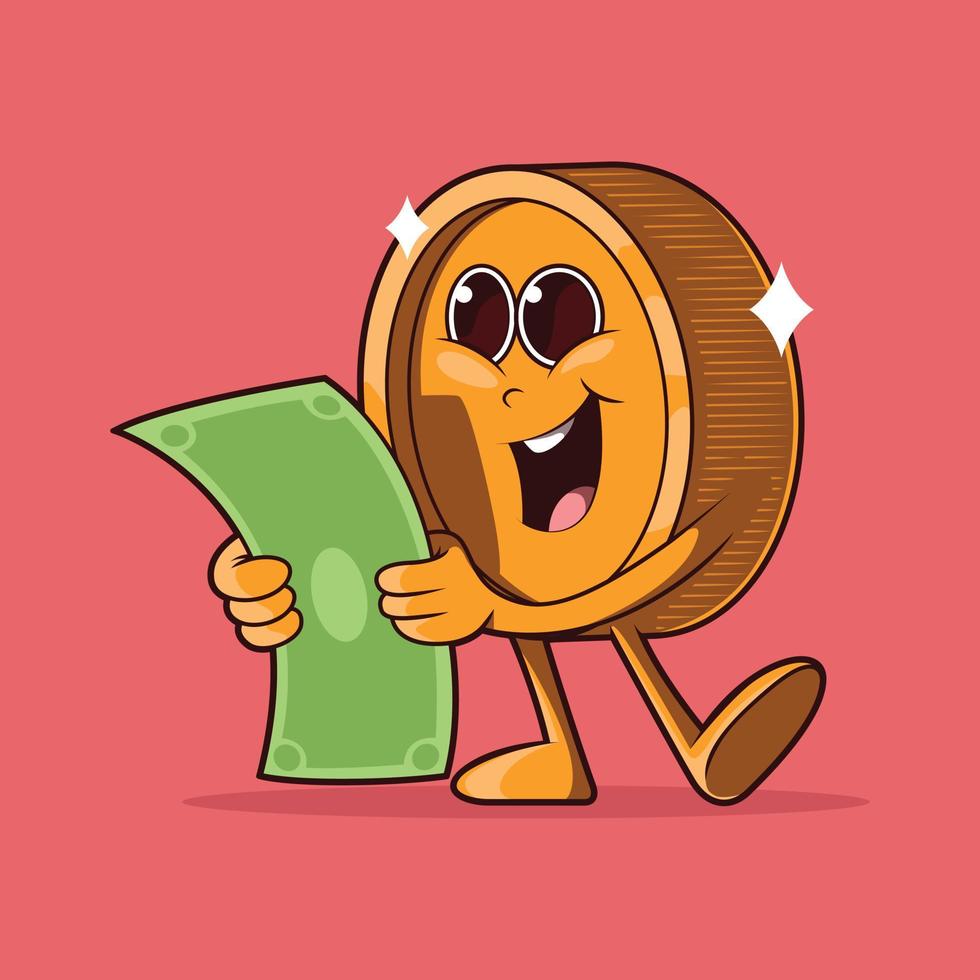 Coin character smiling holding paper money vector illustration. Currency, finance, money design concept.