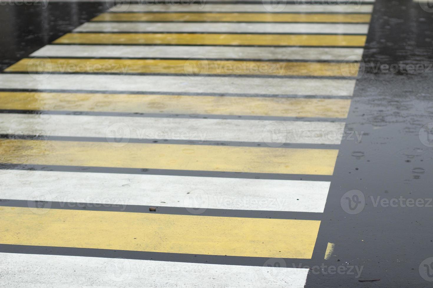 Pedestrian crossing in rain. Puddle on pavement. Wet road details. photo