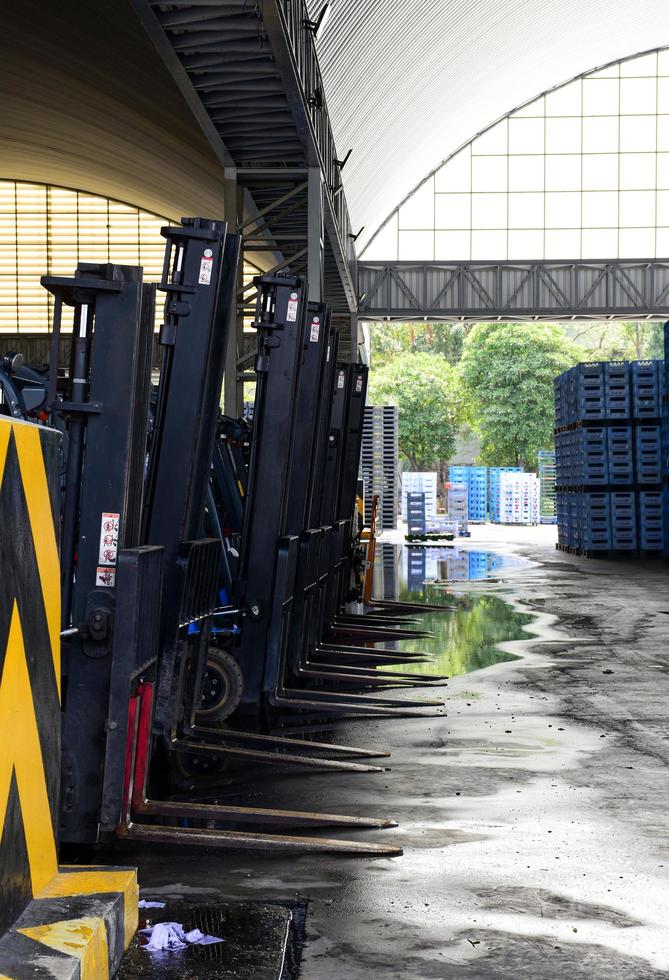 Forklift trucks row parked in warehouse. photo