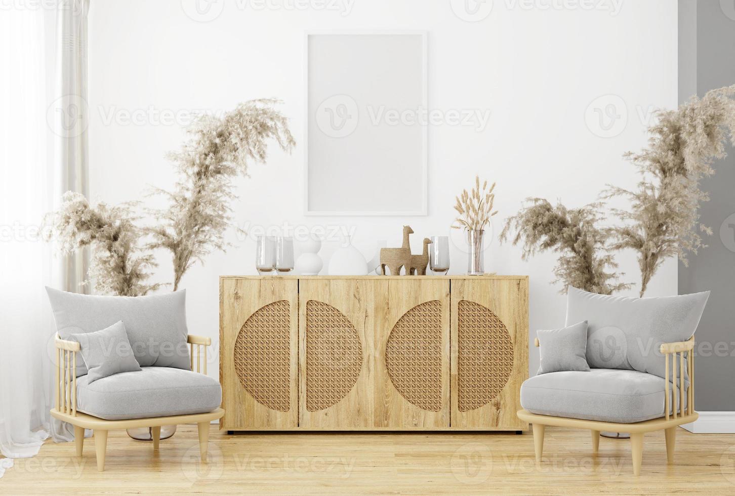Frame and poster mockup in Boho style interior. 3d rendering, 3d illustration photo