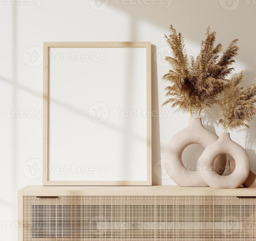 maqueta de marco y póster en interior de estilo boho. representación 3d, ilustración 3d foto