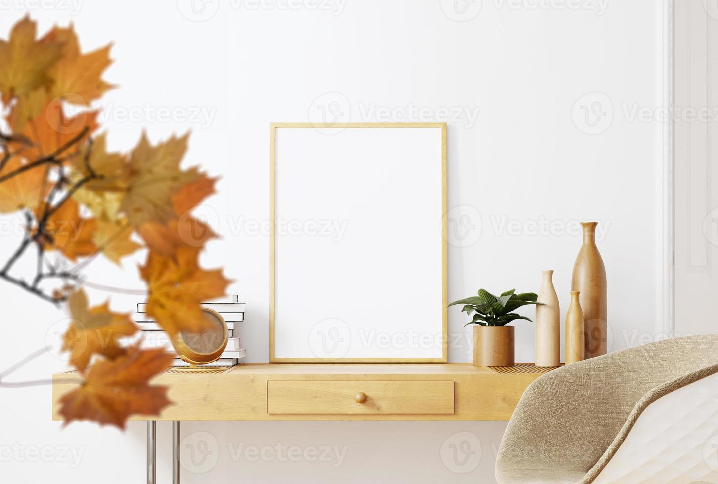 Scandinavian room interior with mock up photo frame on the brown bamboo shelf with beautiful plants in differents hipster and design pots. White walls. Modern and floral concept of shelfs 1