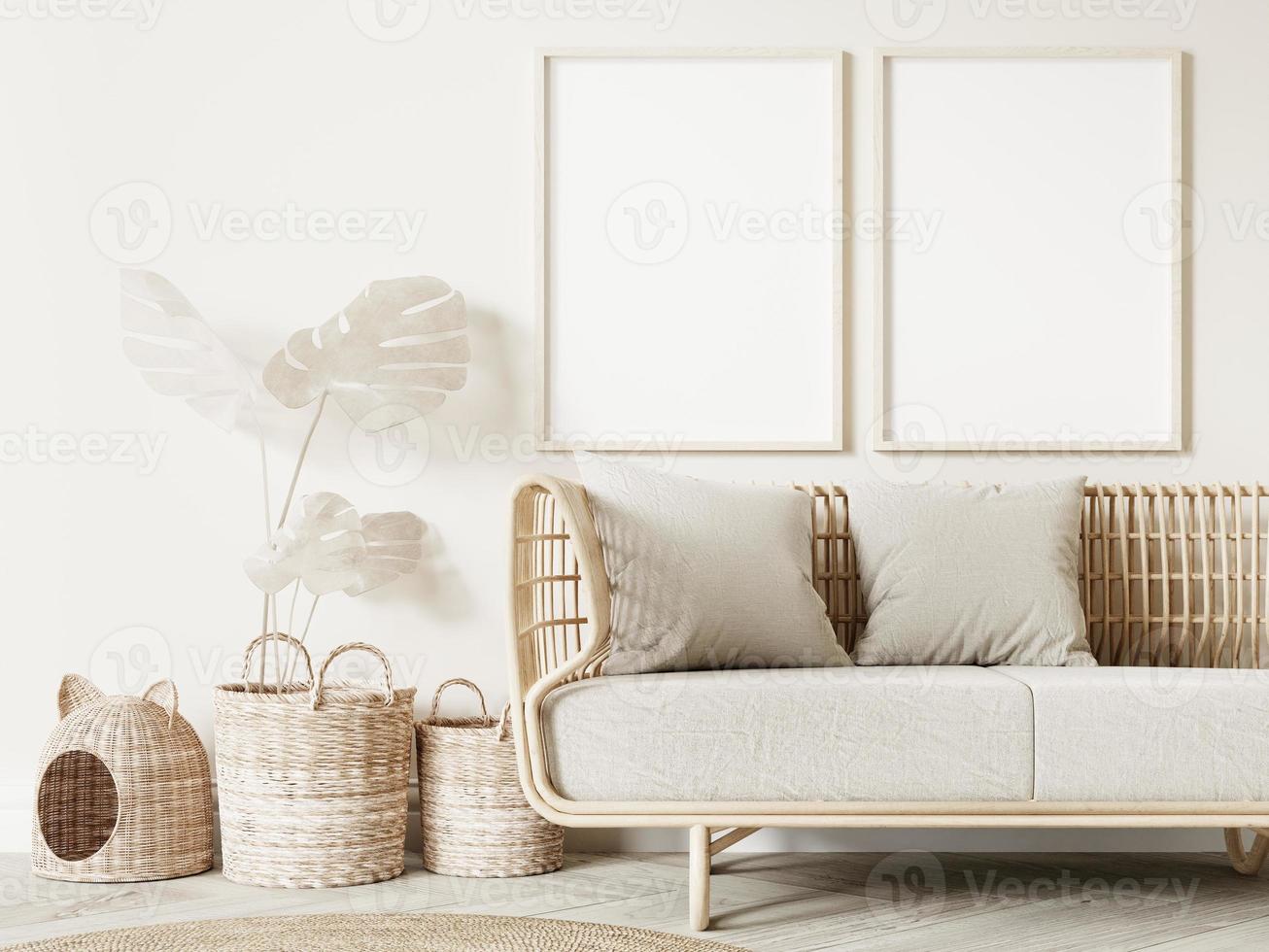 Frame and poster mockup in Boho style interior. 3d rendering, 3d illustration photo