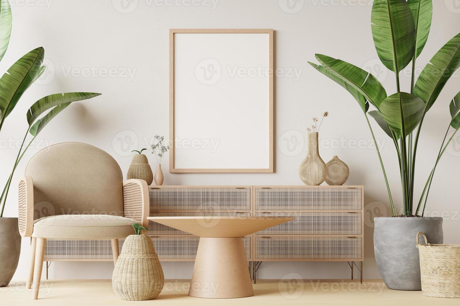Frame and poster mockup in Boho style interior. 3d rendering, 3d illustration photo