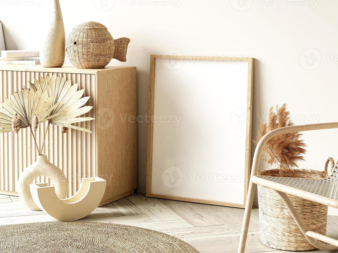 Frame and poster mockup in Boho style interior. 3d rendering, 3d illustration photo