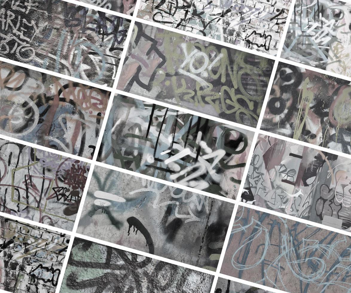 un conjunto de muchos pequeños fragmentos de paredes etiquetadas. collage de fondo abstracto de vandalismo de graffiti en tonos retro foto