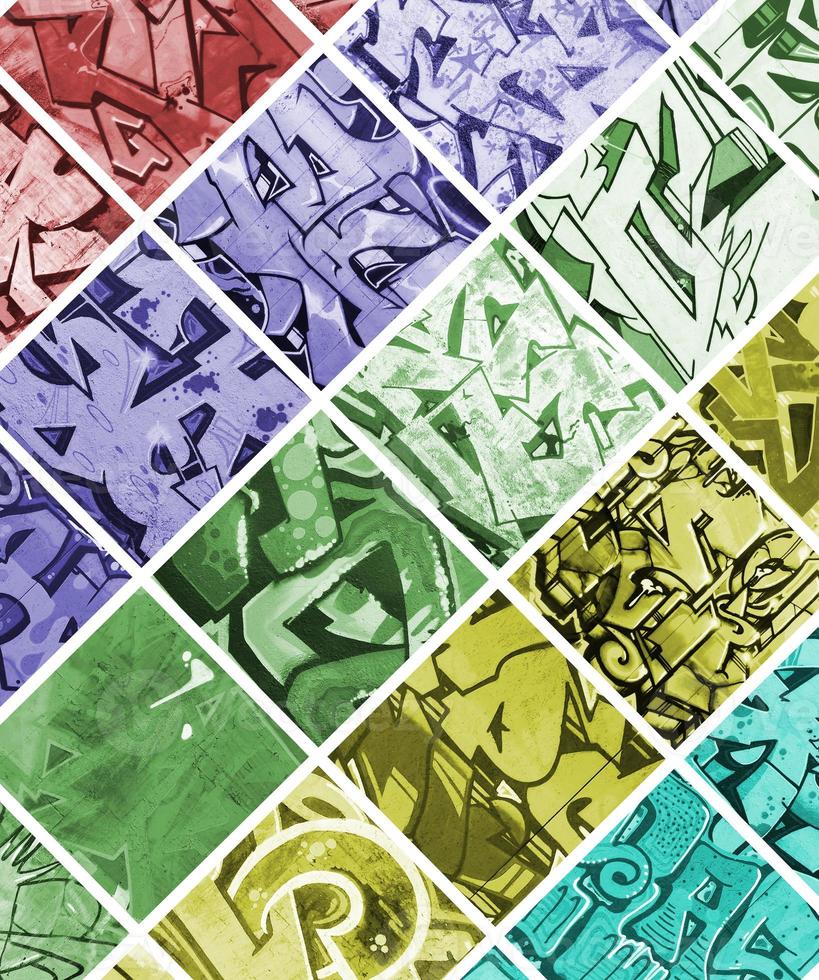 A set of many small fragments of graffiti drawings. Street art abstract background collage photo