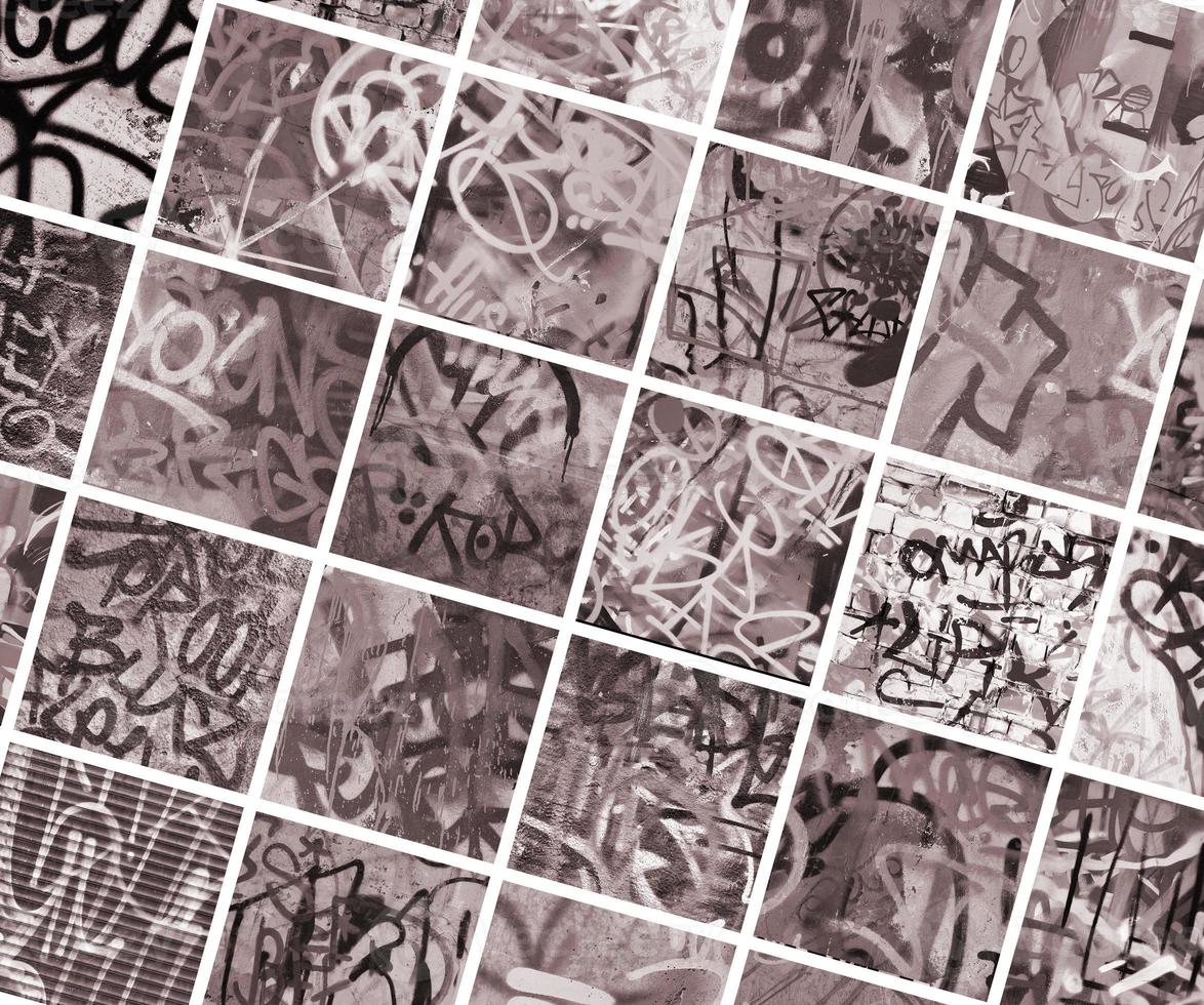 A set of many small fragments of tagged walls. Graffiti vandalism abstract background collage in vintage tones photo