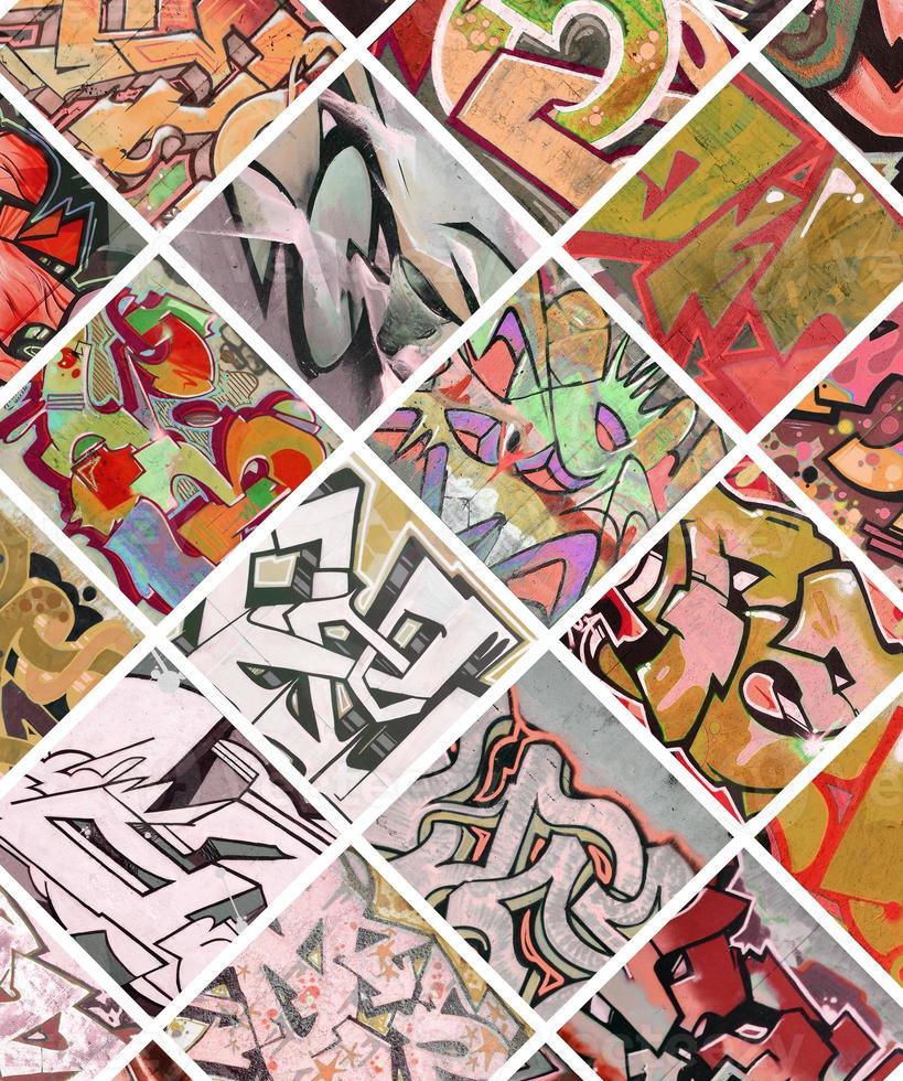 A set of many small fragments of graffiti drawings. Street art abstract background collage in red colors photo