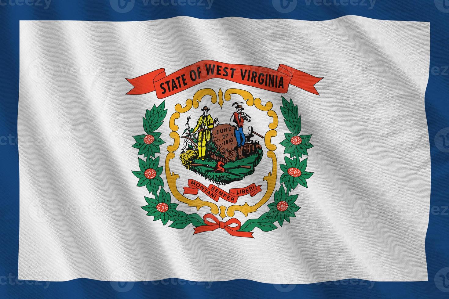 West Virginia US state flag with big folds waving close up under the studio light indoors. The official symbols and colors in banner photo