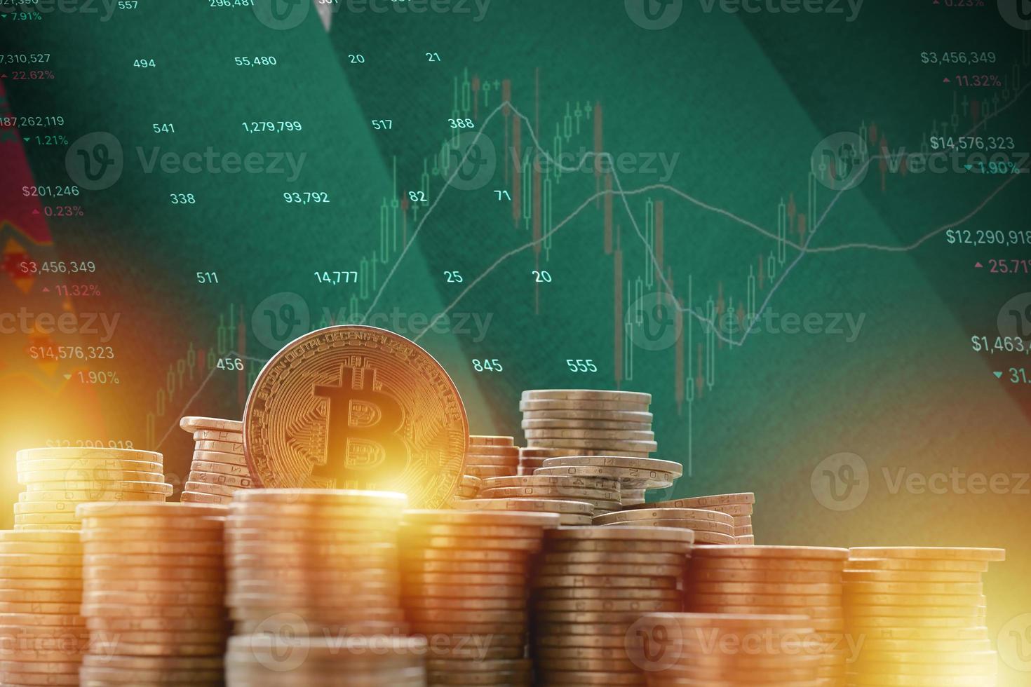 Turkmenistan flag and big amount of golden bitcoin coins and trading platform chart. Crypto currency photo
