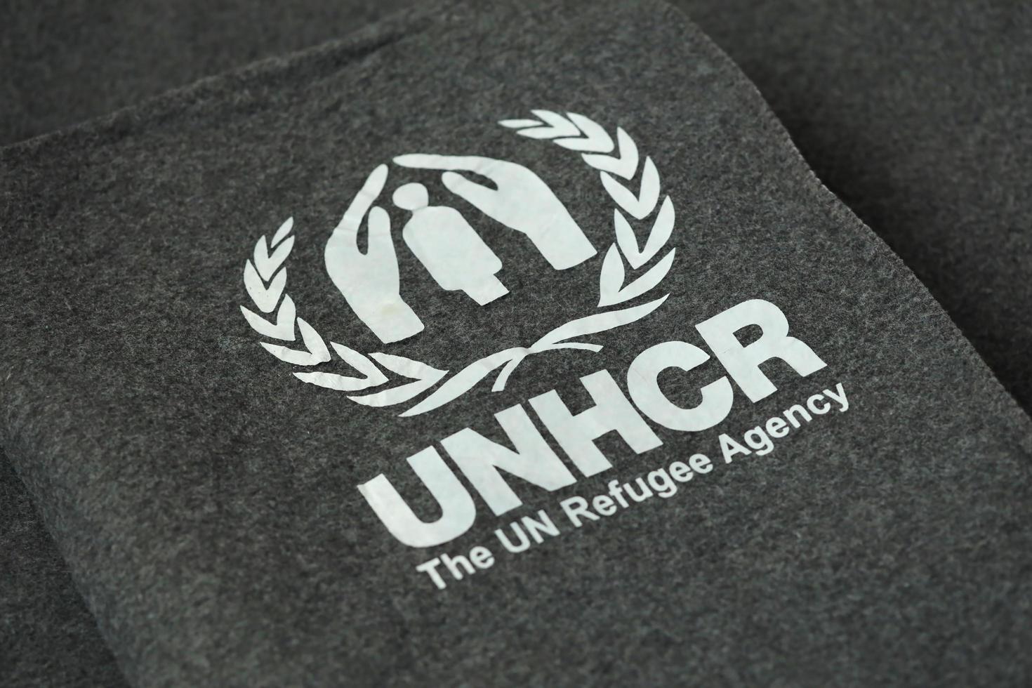 KYIV, UKRAINE - MAY 4, 2022 UNHCR The UN Refugee Agency logo on ...