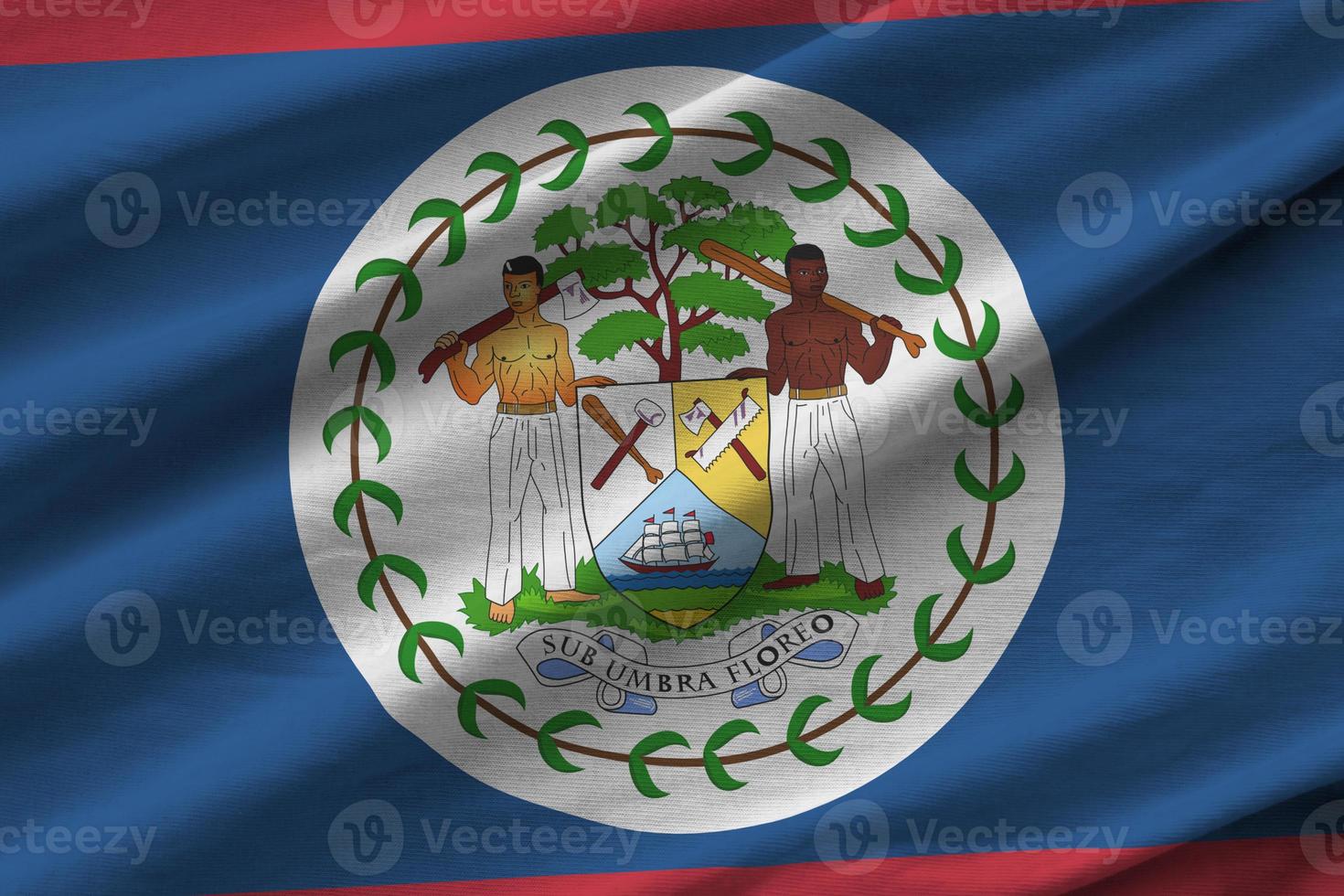 Belize flag with big folds waving close up under the studio light indoors. The official symbols and colors in banner photo