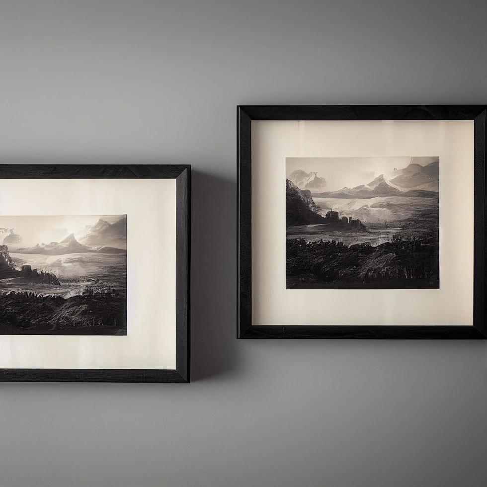 black picture frame on a modern wall apaper, front view photo