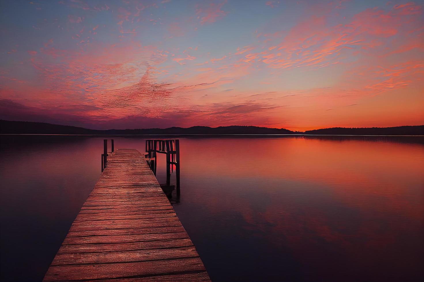 muelle de madera colorido en un lago que está totalmente tranquilo durante la puesta de sol foto