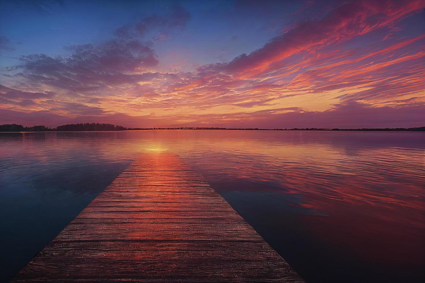 muelle de madera colorido en un lago que está totalmente tranquilo durante la puesta de sol foto