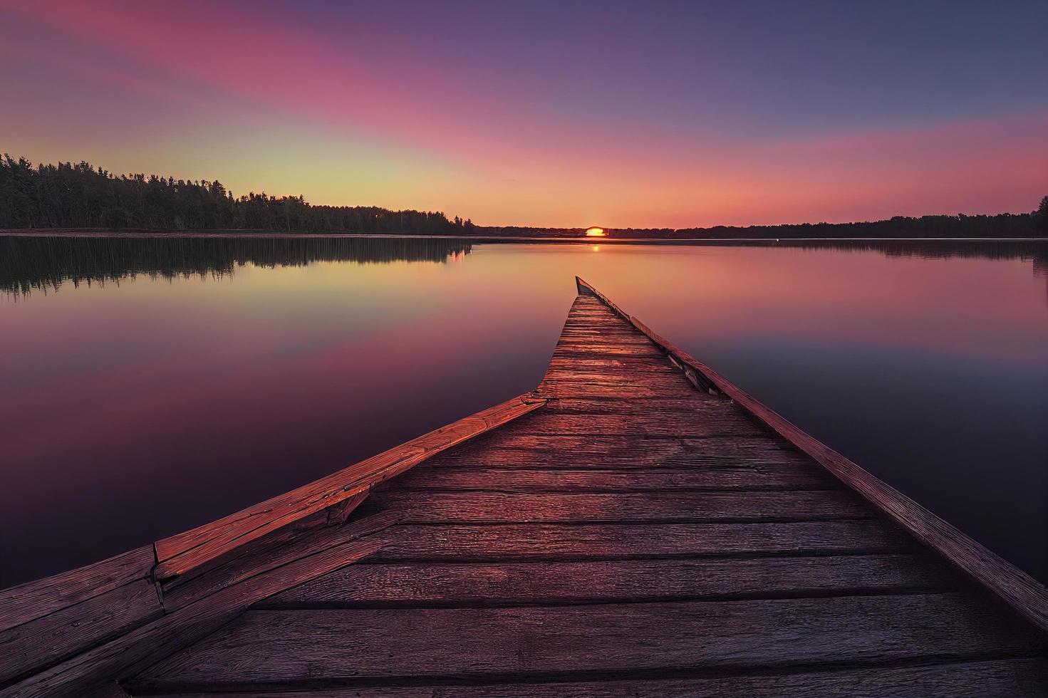 muelle de madera colorido en un lago que está totalmente tranquilo durante la puesta de sol foto