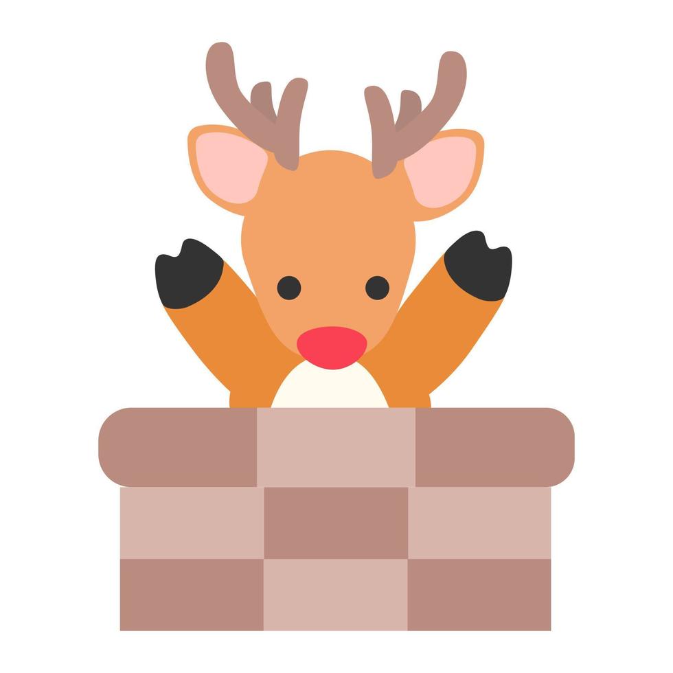 Cute Christmas reindeer waving and greeting at chimney. Isolated on white background, flat design, EPS10 vector