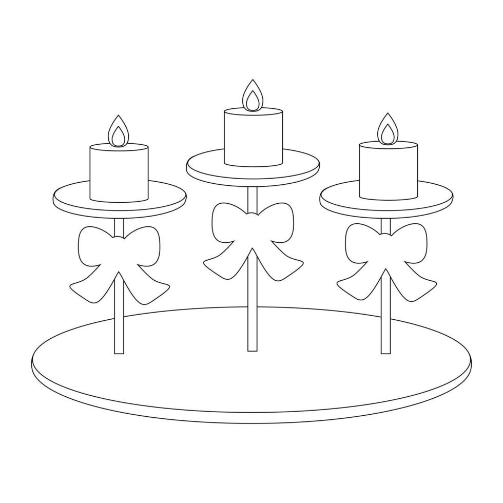 Cute cartoon vintage decorative candlesticks with ribbon. Candelabrum with three candles. Isolated on white background, flat design, line art, EPS10 vector