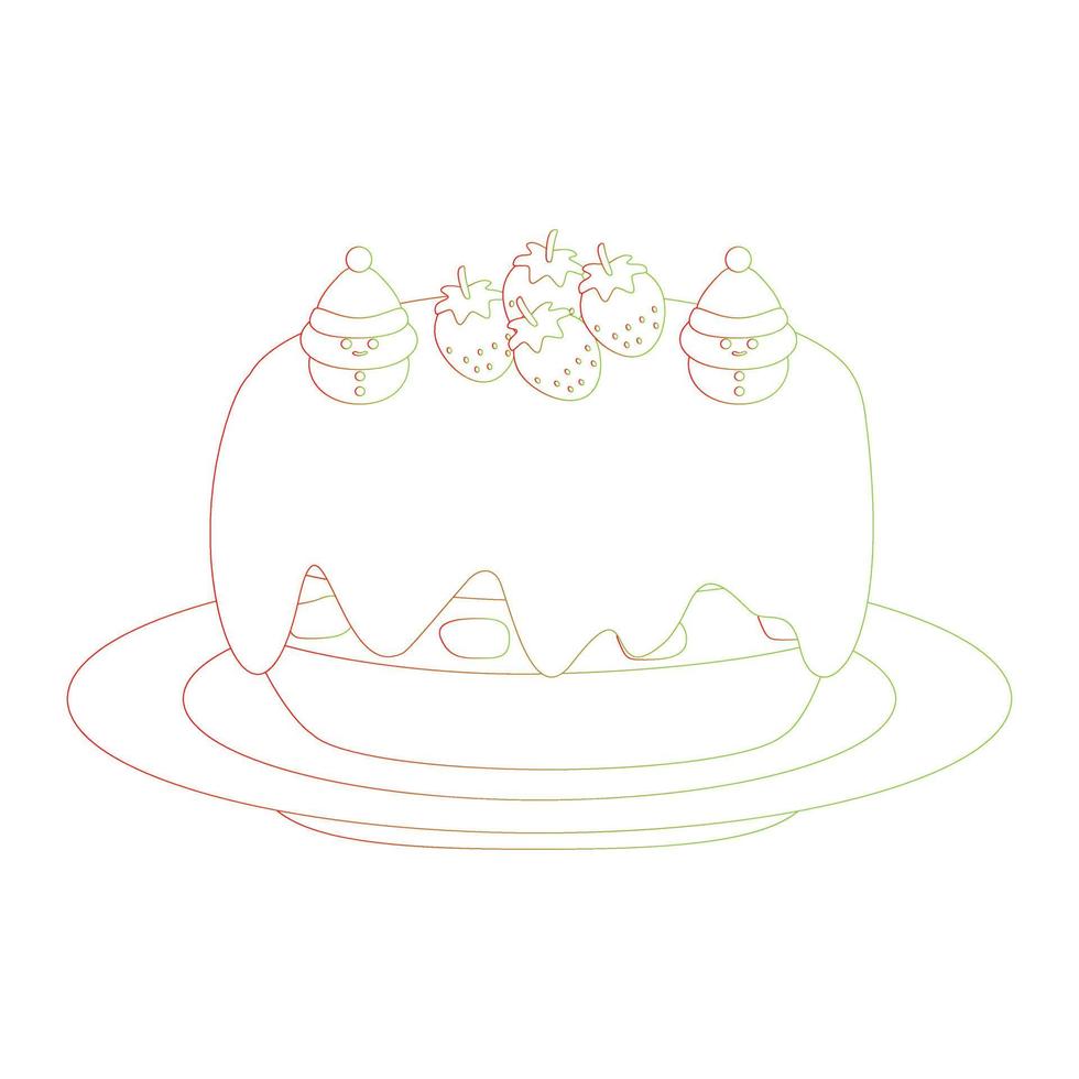 lindo pastel de crema de chocolate de cumpleaños de navidad con fresa. aislado sobre fondo blanco, diseño plano, vector eps10, arte lineal