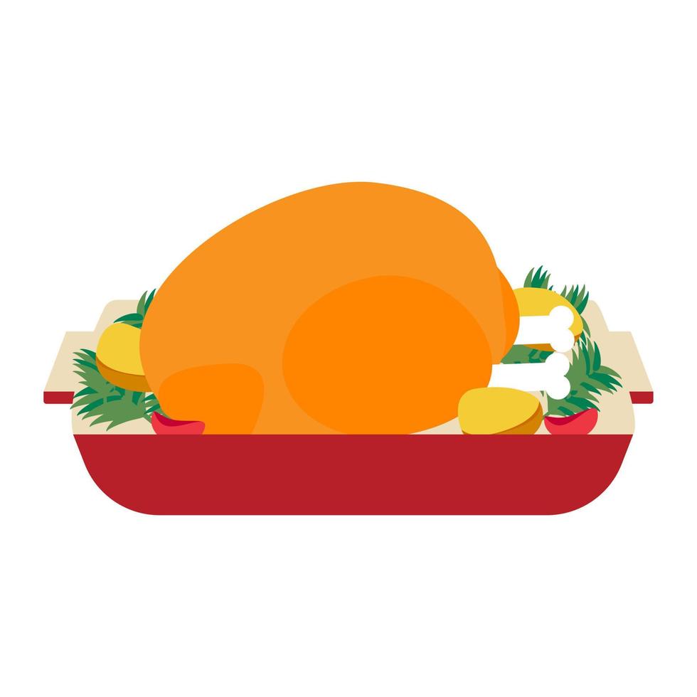 Cute Thanksgiving and Christmas oven roasted chicken. Isolated on white background, flat design, EPS10 vector