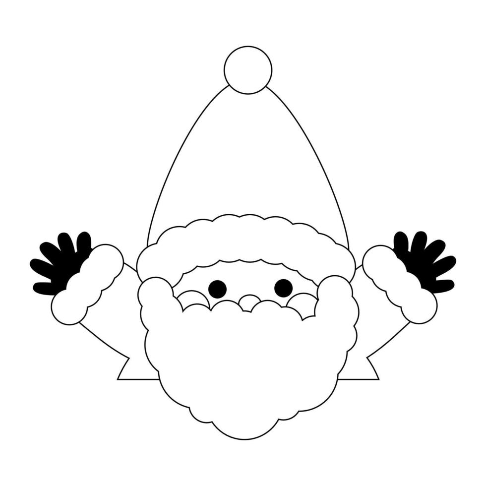 Cute humor Santa Claus waving at chimney, showing hands. Isolated on white background, flat design, line art, EPS10 vector