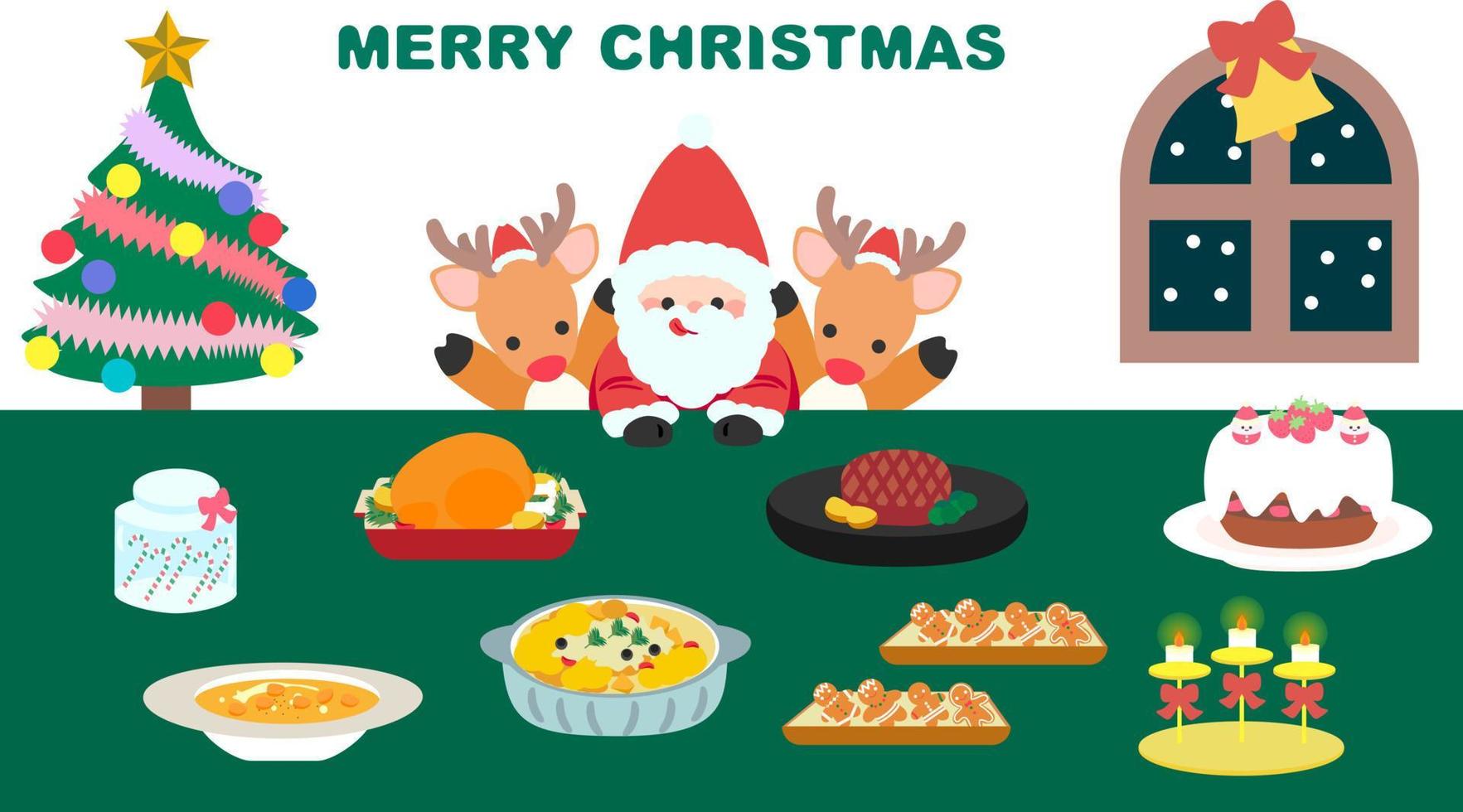 Cute Christmas dinner illustration. Santa Claus and reindeer enjoy festival dinner. Flat design, EPS10 Vector