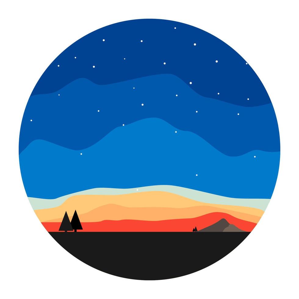 Cartoon landscape. Sunrise, sunset, dawn evening with star scape. Natural wildlife view. Circular countryside sceneries icon in flat style. Vector, illustration, EPS10 vector