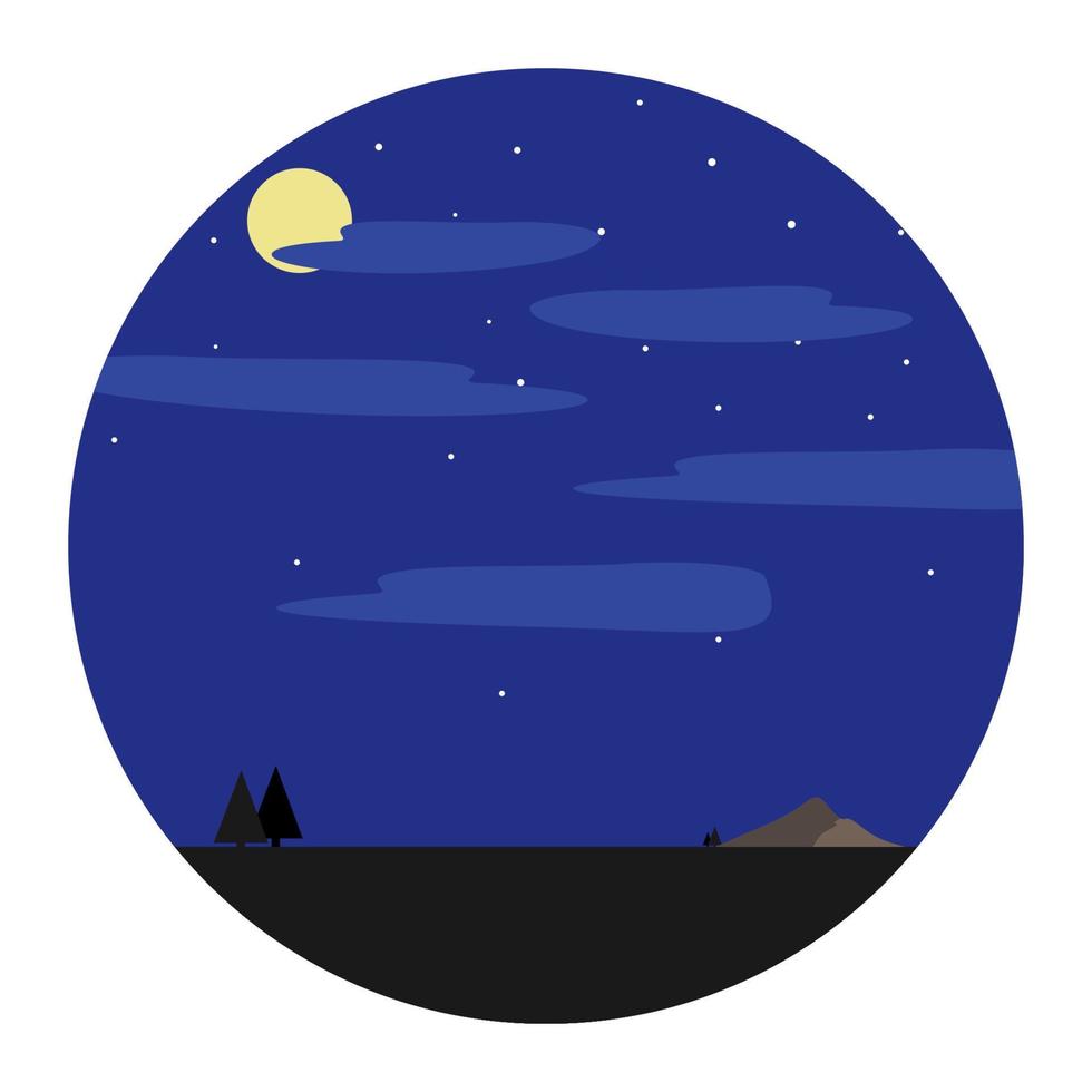 paisaje de dibujos animados. crepúsculo nocturno con paisaje lunar y estelar. vista de la vida silvestre natural. icono de paisajes de campo circular en estilo plano. vectorial, ilustración, eps10 vector