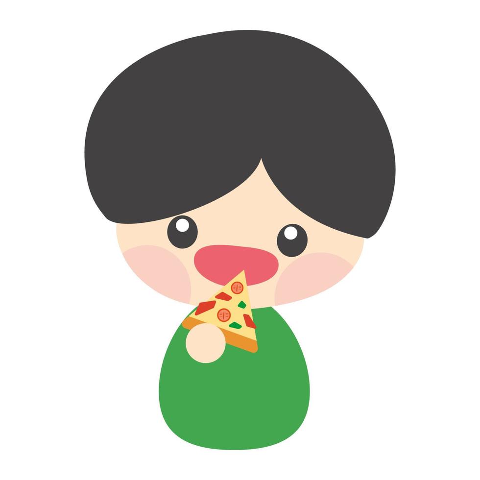 lindo niño comiendo pizza usando su mano. niño comiendo solo. desayuno, almuerzo, cena para niños. personaje de caricatura aislado, vector, ilustración, eps10 vector