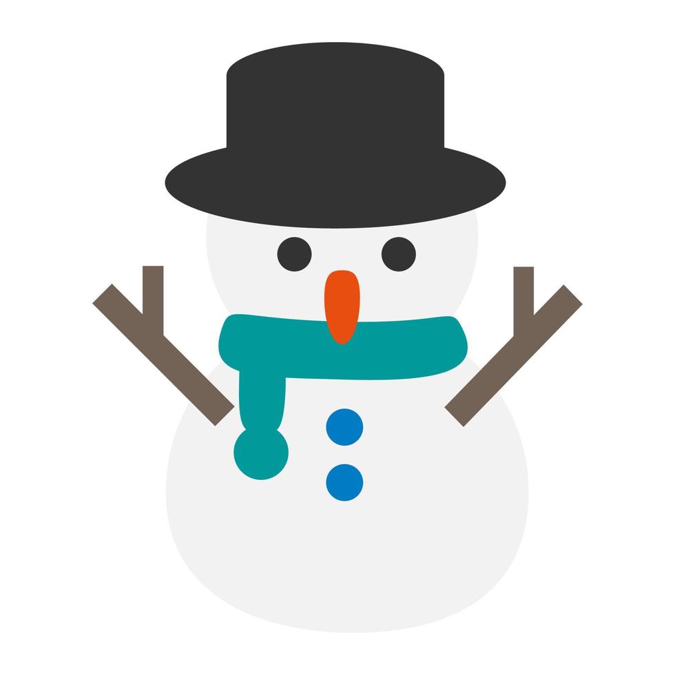 Cartoon cute snowman with black hat, blue scarf and branch hands. Isolated character on white background, flat style design, vector, illustration, EPS10 vector