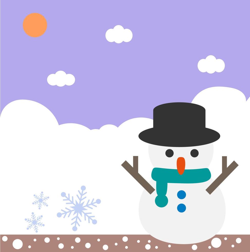 dibujos animados lindo paisaje invernal con muñeco de nieve y copo de nieve.  luz del sol,
